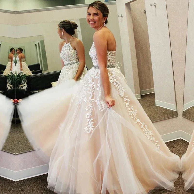 Boho Lace Wedding Dress For Women Sleeveless Halter Bridal Gown Vestido De Novia Bride Party Customi Whole light ivory 26w Boho