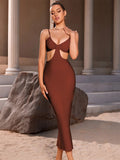 Sexy Evening Dress Modest Dress for Woman Party Elegant Hollow Out Mid-calf Length Celebrity Night Cocktial Luxury Female Cloth Dark Brown