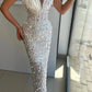 Luxury Pearl Prom Dresses V-neck Mermaid فساتين السهرة Elegant Sleeveless Shiny Sequins Floor-Length vestidos verano moda