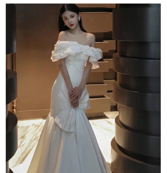 Luxury White SatinWedding Boat Neck Trailing Maxi Dresses for Bride Elegant Long Prom Evening Guest Wrap Buttocks Women Dress