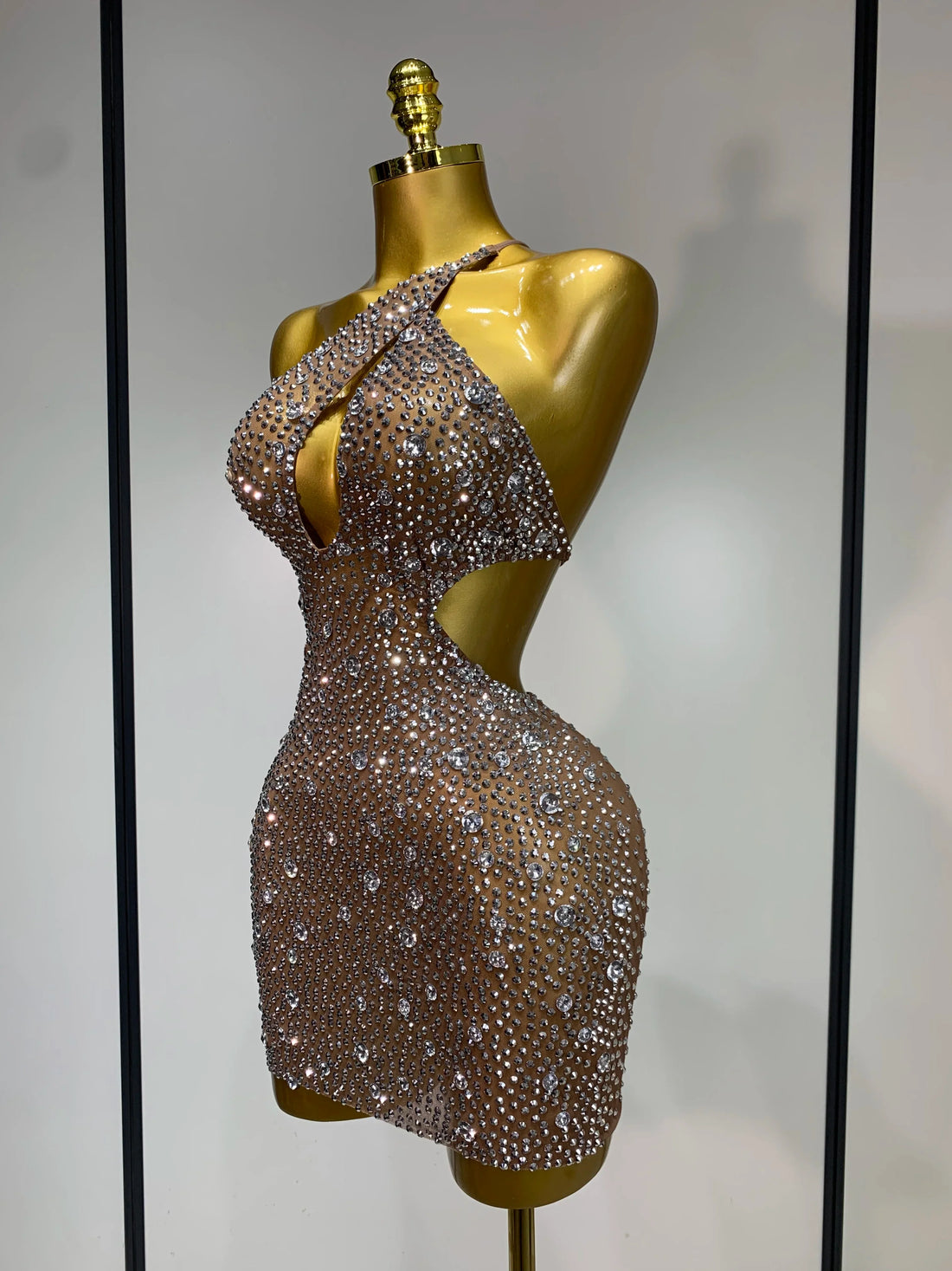 Women Sexy Mesh See Through One Shoulder Luxury Rhinestones Stage Costume Singer Dancer Nightclub Evening Party Birthday Dresses Light Brown