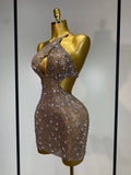 Women Sexy Mesh See Through One Shoulder Luxury Rhinestones Stage Costume Singer Dancer Nightclub Evening Party Birthday Dresses