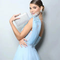 Light Blue One Shoulder Prom Dresses Feathers A-line Vestidos De Fiesta Sleeveless Lace Embroidery Tulle Party Dress