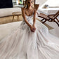 צווארון v שמלות כלה ליין שיט גובה פיצול תחרה אפליקציות חוף כלה שמלת ספגטי רצועות רכבת vestido de novia