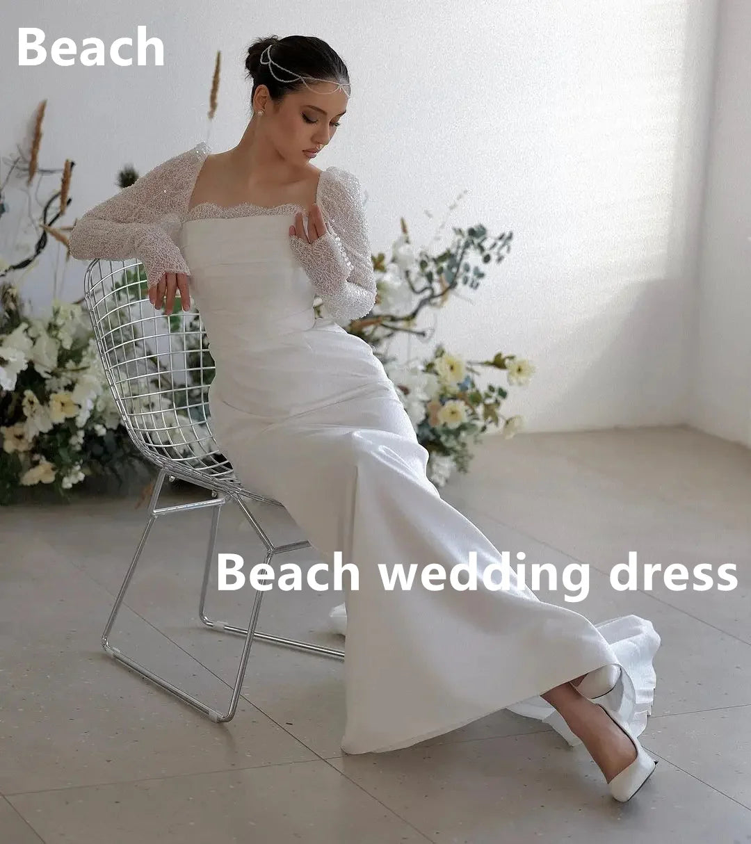 Vestidos de noiva boêmia de nebraia renda mangas compridas, namorada de carrinho de noiva formal vestido de noiva