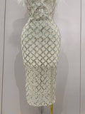 Shinning White Feathers Sequins Straples Bodycon Dress Women Fashion Celebrate Luxury Birthday Party Cocktail Dress