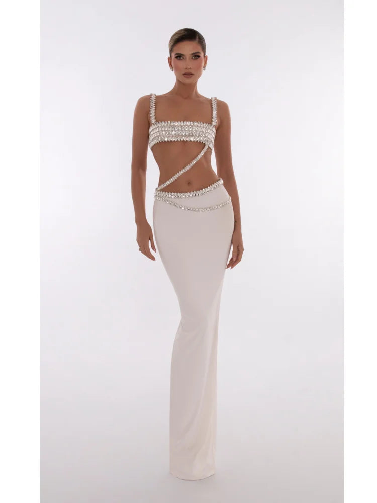 Sparkling Diamonds Woman Set Spaghetti Strap Top And Ankle Lenght Skirt 2 Pieces Evening Party Vestido Beach Vocation Outfit WHITE
