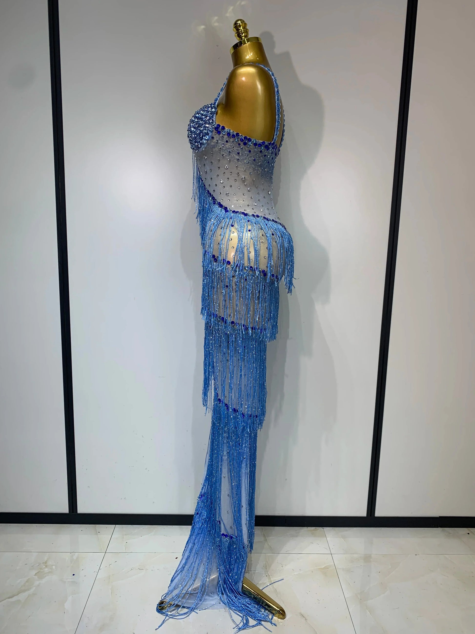 Sparkly Rhinestones Fringes Maxi Long Dress Women Sexy Transparent Elagant Evening Party Birthday Dress Photo Shoot Outfit