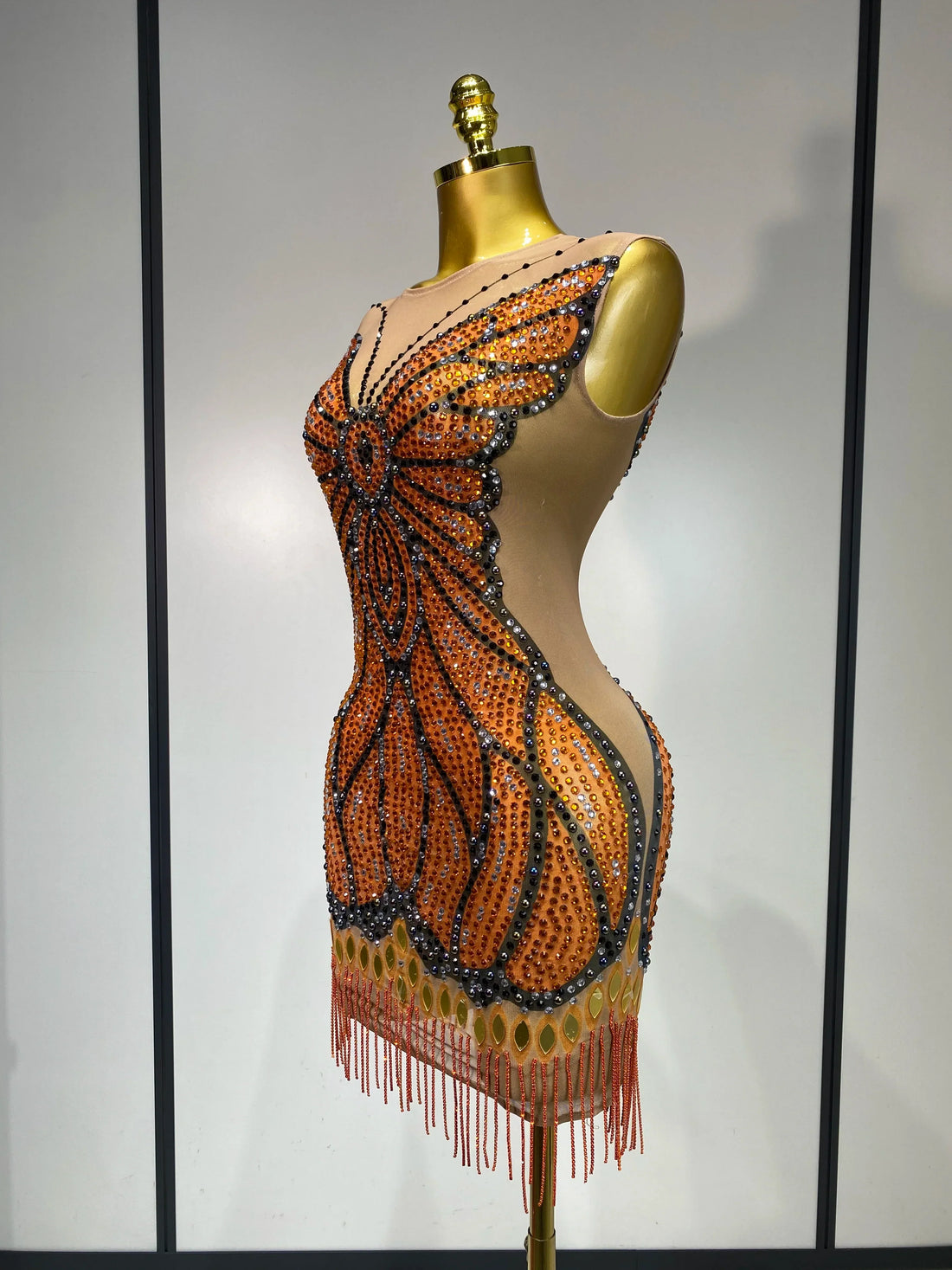 Sparkly Rhinestones Mesh Short Dress Sexy Sleeveless Luxury Birthday Evening Party Gown Performance Singer Stage Outfit Orange