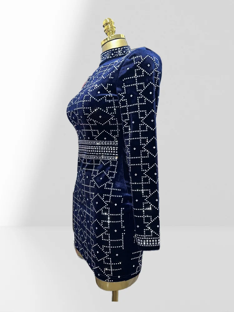 Dark Blue Velvet Luxury Diamonds O-neck Tuck Waist Mini Dress Fashion Woman Party Dress Celebration Birthday Vestido
