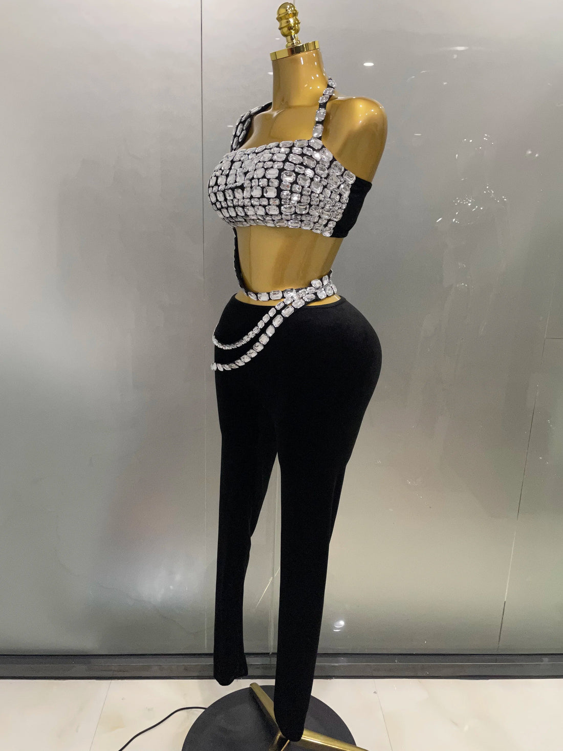 Luxury Sparkle Diamonds Sexy Crop Top Velour Pant Two Pieces Set Women Celebrate Birthday Party Nightclub Stage Costume black