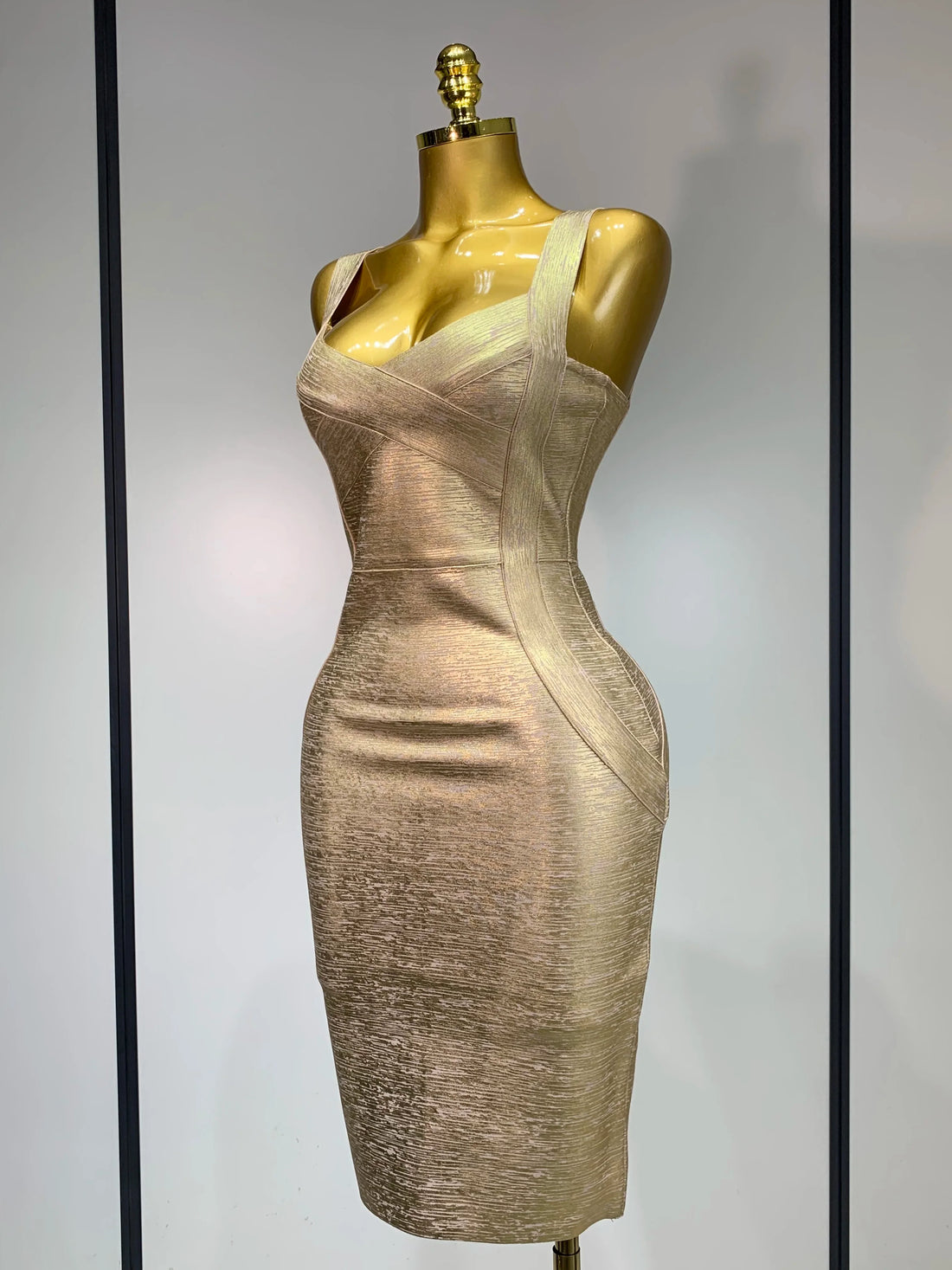 Women Sexy V Neck Bronzing Gold Midi Bodycon Bandage Dress Celebrity Elegant Evening Club Party Luxury Birthday Dress Gold