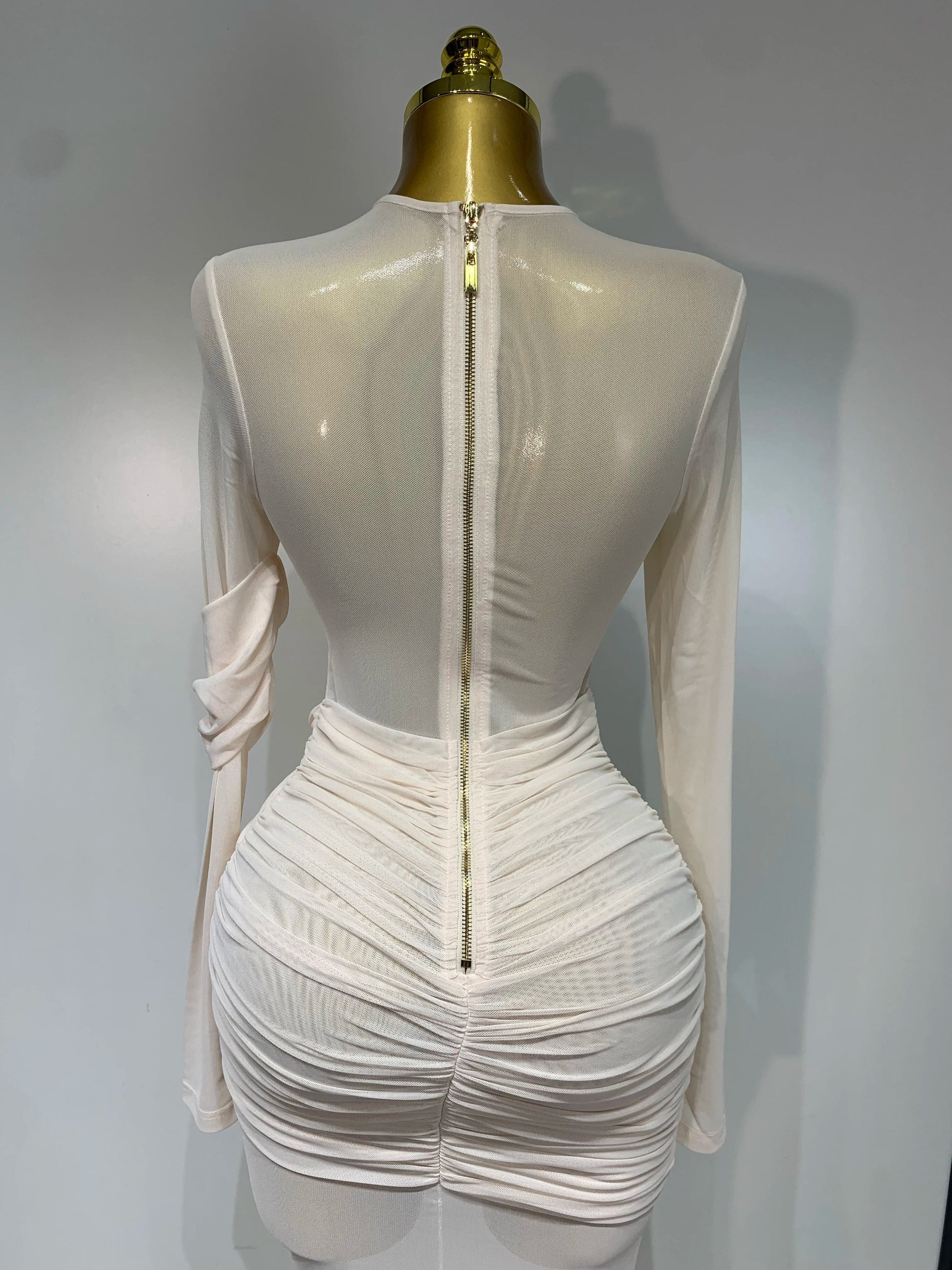 Elegant Mesh Fold Long Sleeve Bodycon Dress Women Evening Party Club Sexy Perspective Fashion Luxury Birthday Dresses