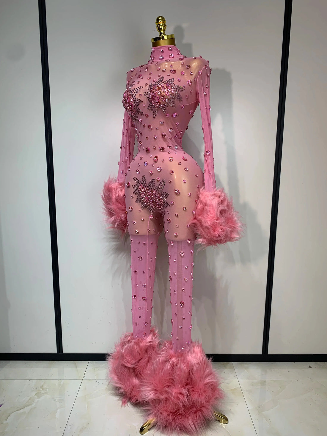 Shiny Diamond Mesh See Through Bodycon Jumpsuit Women Sexy Long Sleeve Performance Singer Costume Nightclub Stage Outfit Pink