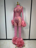 Shiny Diamond Mesh See Through Bodycon Jumpsuit Women Sexy Long Sleeve Performance Singer Costume Nightclub Stage Outfit