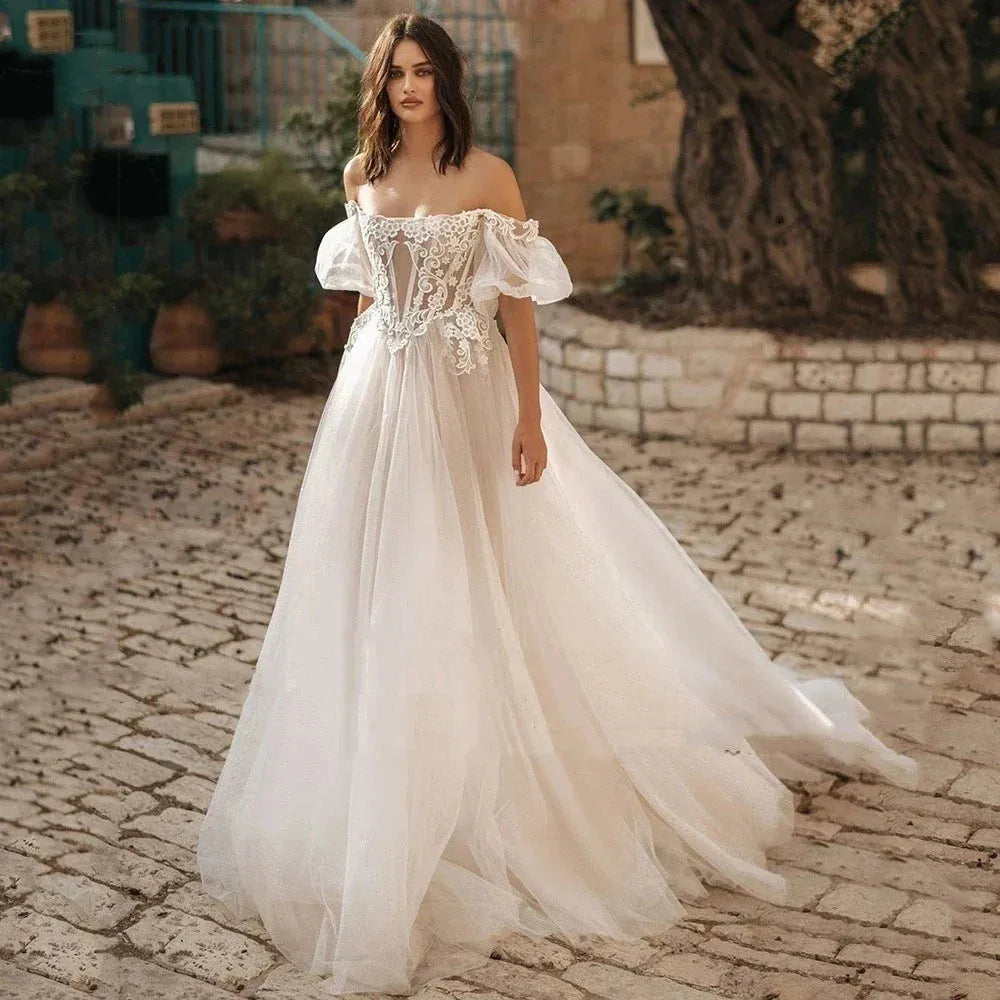Vintage Simple Wedding Dresses Boat-Neck A-Line Bridal Gowns Lace Appliques Tulle Robes Off The Shoulder Vestidos De Novia As picture