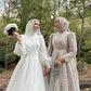 Gaun Pengantin Muslim Organza Vintage Garis Glitter Peals Prom Gown Jubah Leher Tinggi De Mariage Dengan Sabuk dan Kerudung