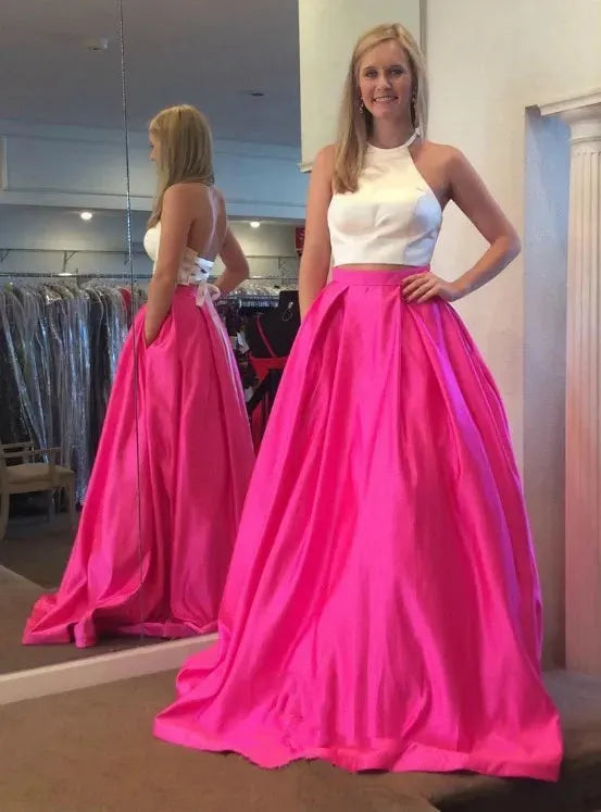 Two Pieces Prom Dresses Satin Off-White Fuchsia Halter Corset Back Floor Length with Pockets Evening Gowns picture color