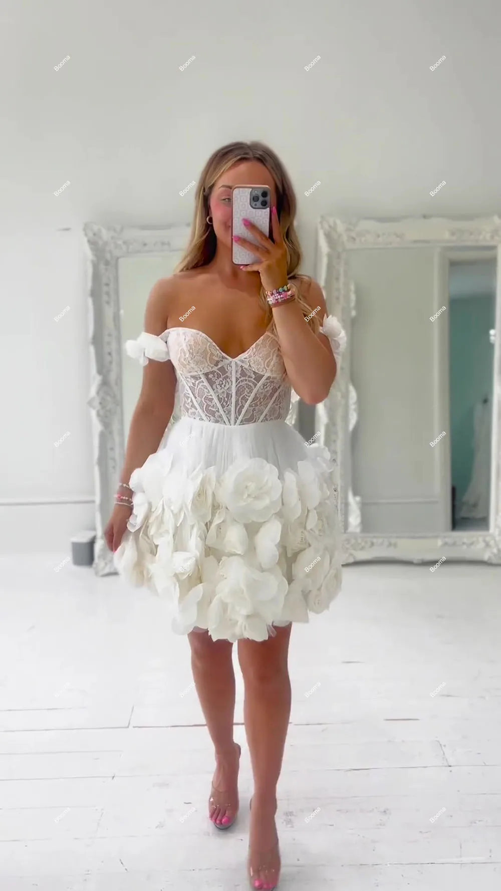 Vestidos blancos de fiesta de boda con flores en 3D, minivestidos de fiesta de novia con encaje y hombros descubiertos, vestido corto de dama de honor de corte A