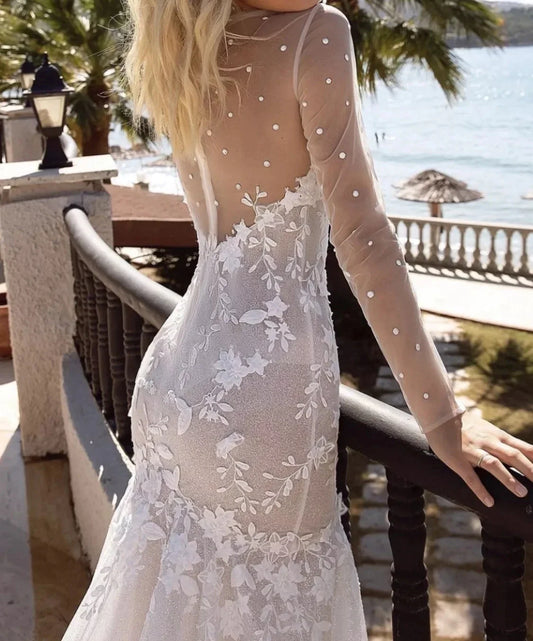 Sexy Long Sleeves Mermaid Wedding Dress Sweetheart Lace Appliques Illusion Back Bridal Gown Dot Pattern Robe De Mariée