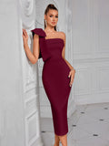 Formal White Evening Cocktail Party Prom Elegant One Shoulder Wedding Guest Mid-calf Length Celebrity Women Dresses Club Claret