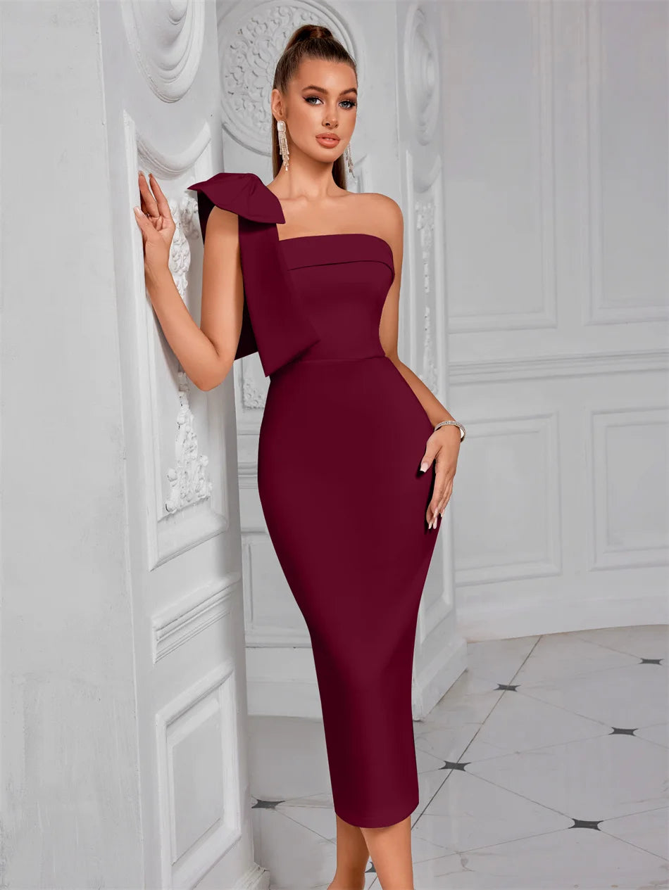 Formal White Evening Cocktail Party Prom Elegant One Shoulder Wedding Guest Mid-calf Length Celebrity Women Dresses Club Claret