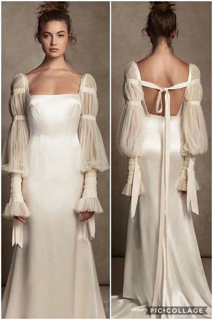 White Long Train Puff Sleeves Mermaid Wedding Dress Detachable Shawl فستان حفلات الزفاف Elegant Backless Prom Dress