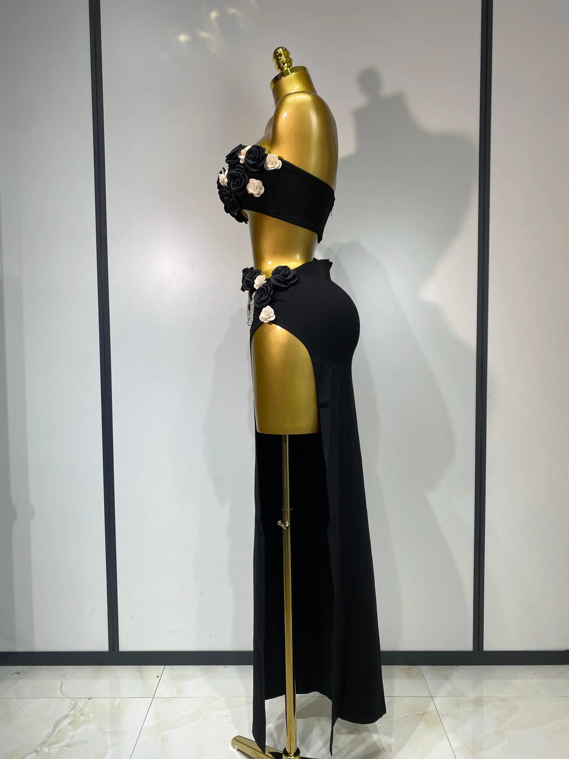 Women Sexy Flower Strapless Top High Slit Long Skirt Elegant Evening Party Two Piece Set Luxury Birthday Club Gown