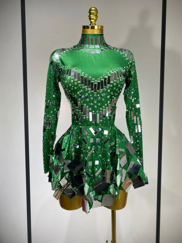 Women Sexy Elastic A-Line Dress Birthday Performance Costume Sparkly Sequin Nightclub Evening Party Hotwife Stage Outfit green