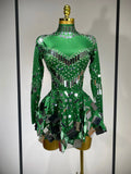 Women Sexy High Elastic A-Line Long Sleeve Dress Performance Costume Sparkly Nightclub Evening Party Hotwife Stage Outfit green
