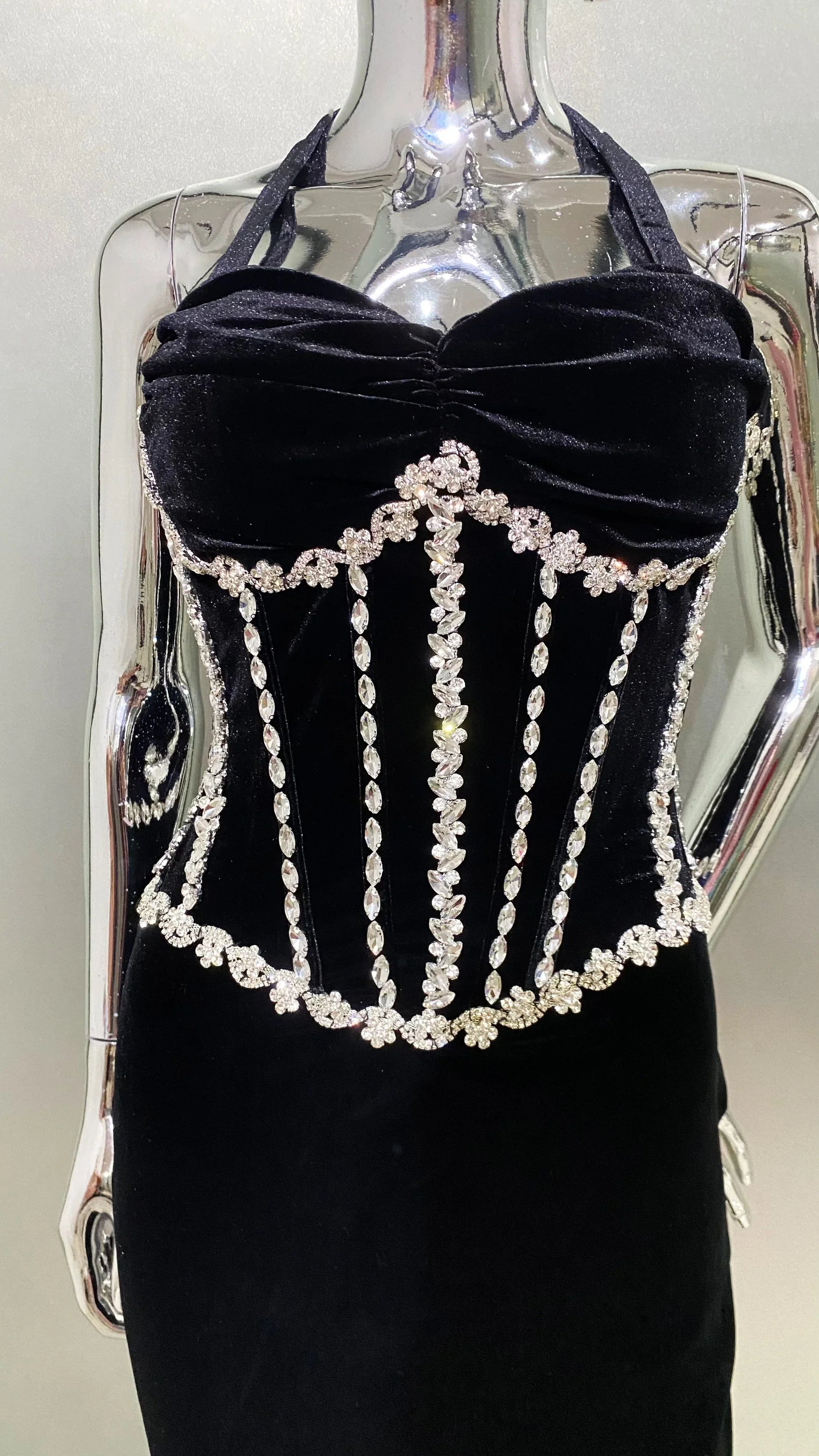 Luxury Shining Diamond Halter Black Velvet floor Lenght Evening Dress Celebrity Birthday Party Outfit Performance Costume