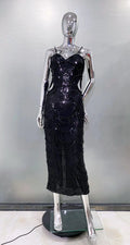 Shining Sequins Beading Hollow Out Spaghetti Strap Long Dress Woman Birthday Party Dress Sweet Dateing Outfit black