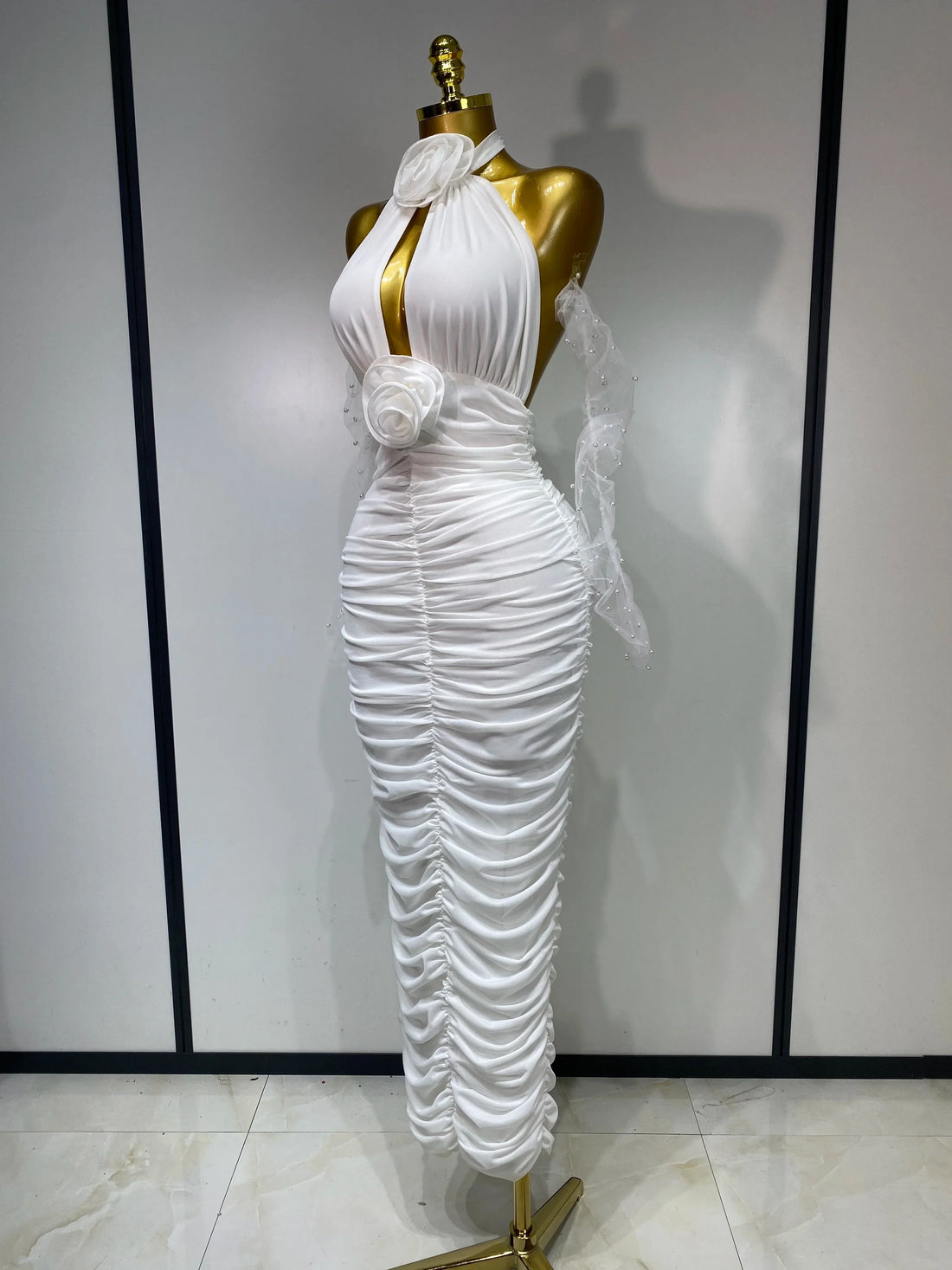 Women Sexy Cut Out Flower Pleated Bodycon Long Dress Celebrity White Elegant Evening Party Cocktail Luxury Birthday Dress WHITE