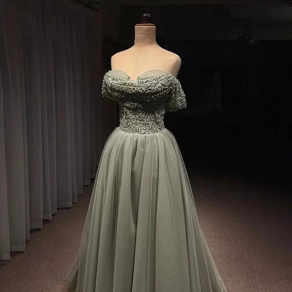 Princess Green A-line Vestidos De Fiesta Elegant Off The Shoulder Evening Dress Manual Sequins Chest Design Prom Dresses