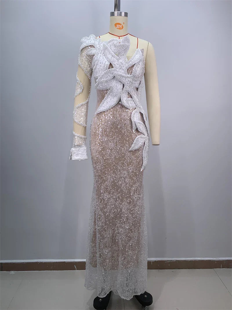 White Sequins Beading One Shoulder White Lace Long Dress Graceful Woman Wedding Party Dress Singer Performance costume