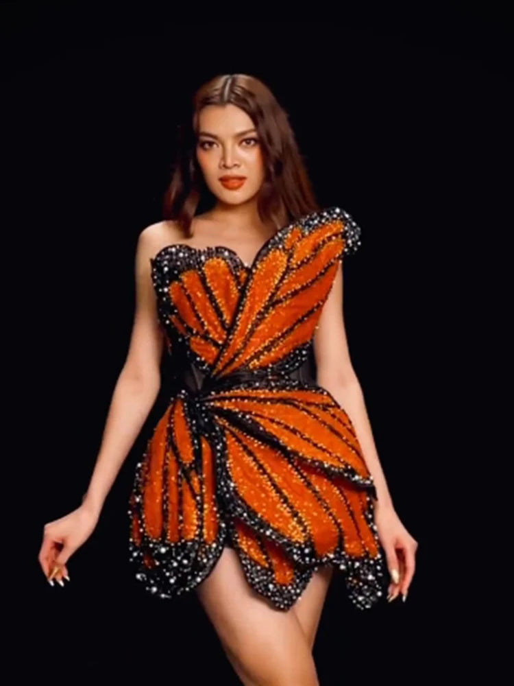 Luxury Dress For Women Beautiful Butterfly Shape Design Sequins Mini Celebrity Party Vestido New Trendy