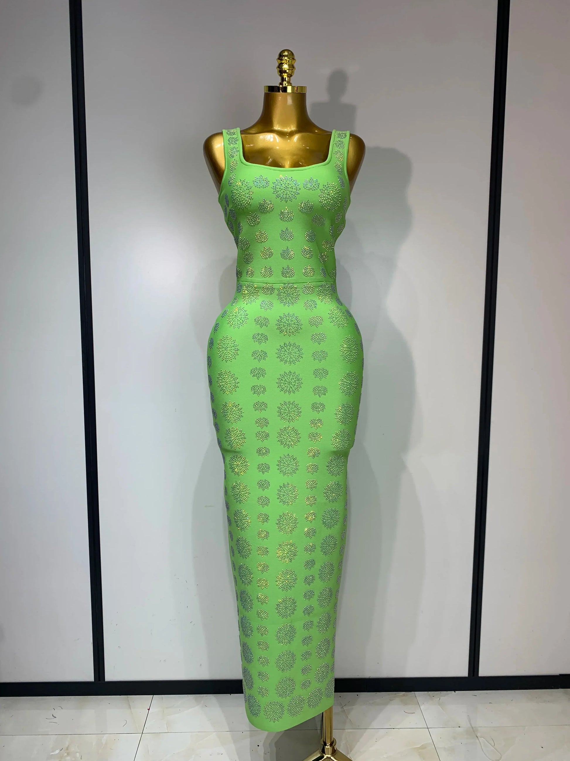 Sparkling Diamonds Sleeveless Strech Bandage Dress Elegant Woman Evening Party Wedding Guest Luxury Birthday Dress Light Green