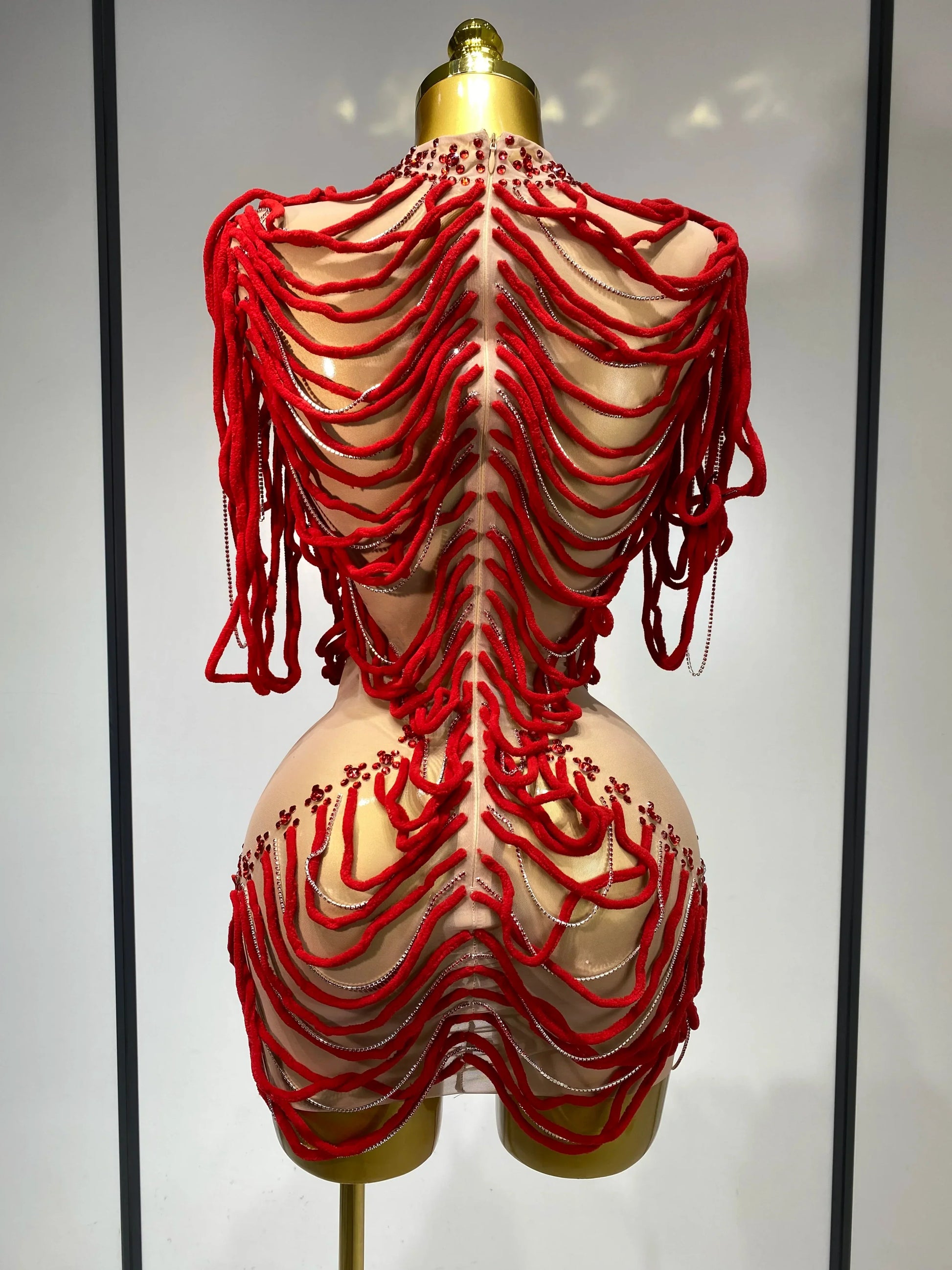 Women Mesh Elastic Sexy Tight Fitting Sparkly Diamond Chain Short Dress Nightclub Luxury Birthday Stage Performance Costumes