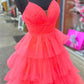 Spaghetti Strap V-neck Prom Dresses Tulle A-line vestidos de noche Elegant Sleeveless Floor-Length Formal Evening