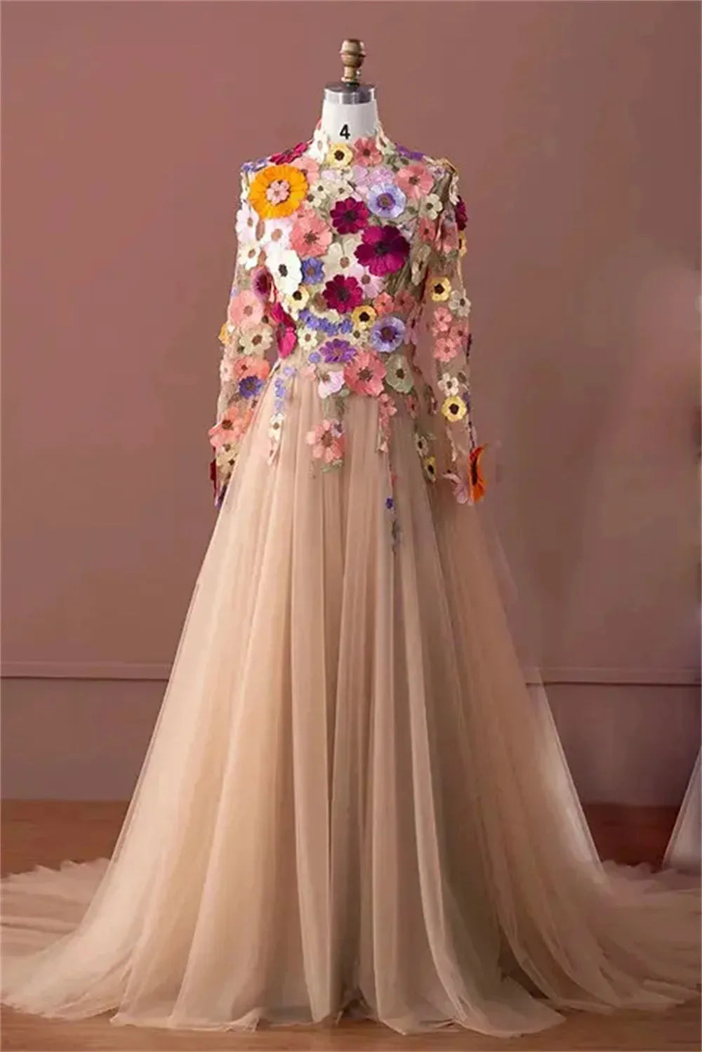 Flower Appliques Prom Dresses High Neck Tulle A-line فساتين السهرة Elegant Long Sleeves Floor-Length vestidos verano moda as pic