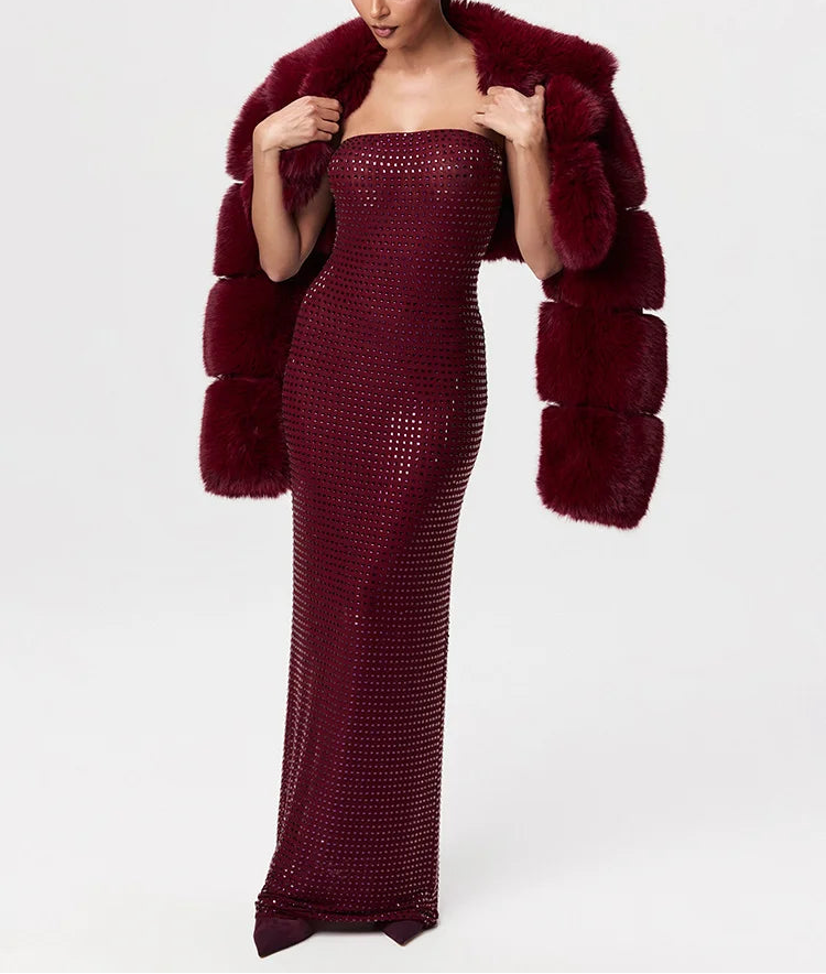 Redwine Beaded Strapless Long Maxi Dress For Women Elegant Sleeveless Backless Sparkle Crystals Bodycon Cocktail Evening Gown