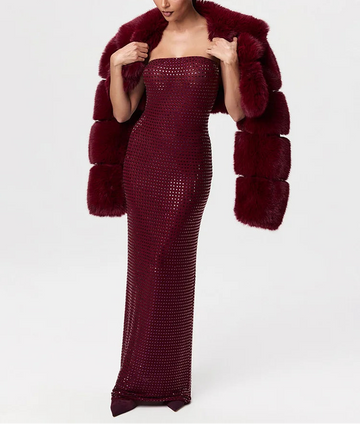 Redwine Beaded Strapless Long Maxi Dress For Women Elegant Sleeveless Backless Sparkle Crystals Bodycon Cocktail Evening Gown