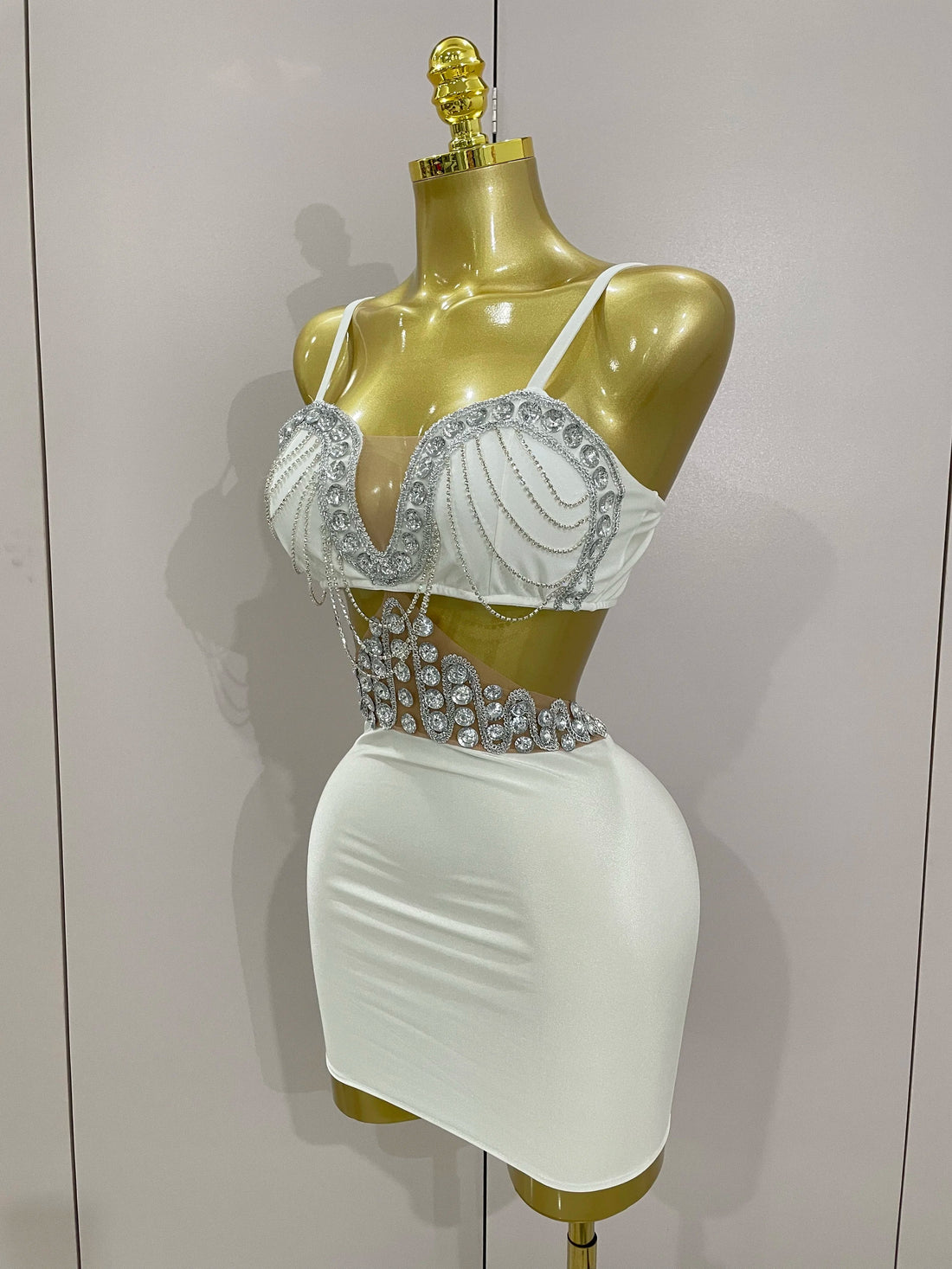 Luxury Shiny Diamond Chain White Sexy Sleeveless Bodycon Mini Dress Evening Birthday Party Nightclub Stage Costume WHITE