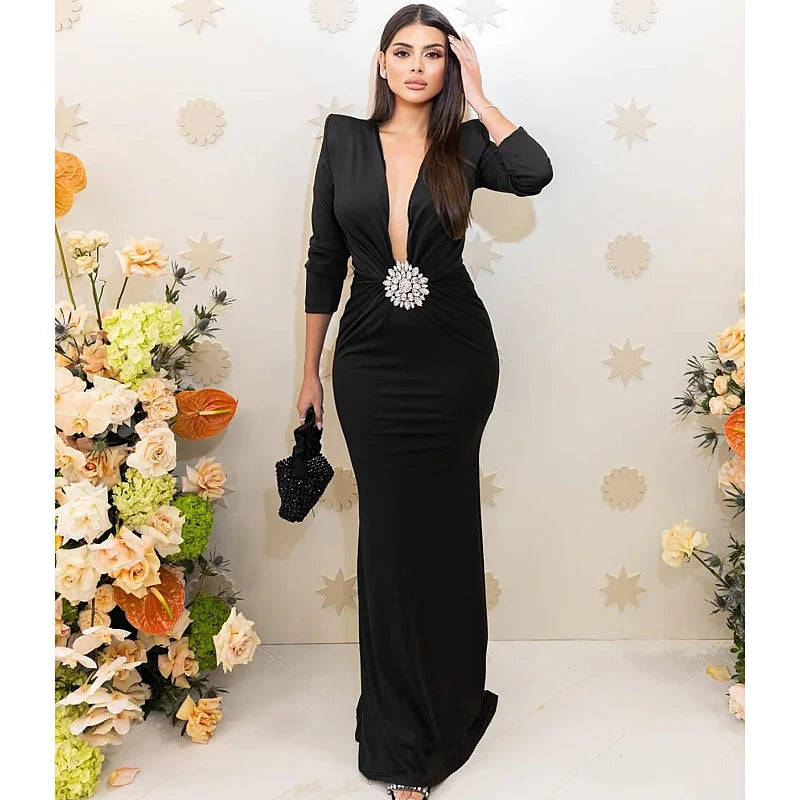 Autumn Shining Diamonds Sexy V-Neck Package Hip Black Floor Length Dress Graceful Woman Party Dress Cocktail Party Outfit