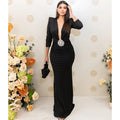 Autumn Shining Diamonds Sexy V-Neck Package Hip Black Floor Length Dress Graceful Woman Party Dress Cocktail Party Outfit
