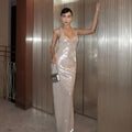 Champagne Color Shining Sequins Sleeveless Tank Bodycon Floor Length Dress Woman Birthday Party Vestido Cocktail Party Outfit