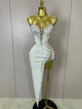 Newest Sexy Strapless Shinning Rhinestones Bodycon Bandage Long Dress Women Fashion Celebrate Evening Party Vestido WHITE