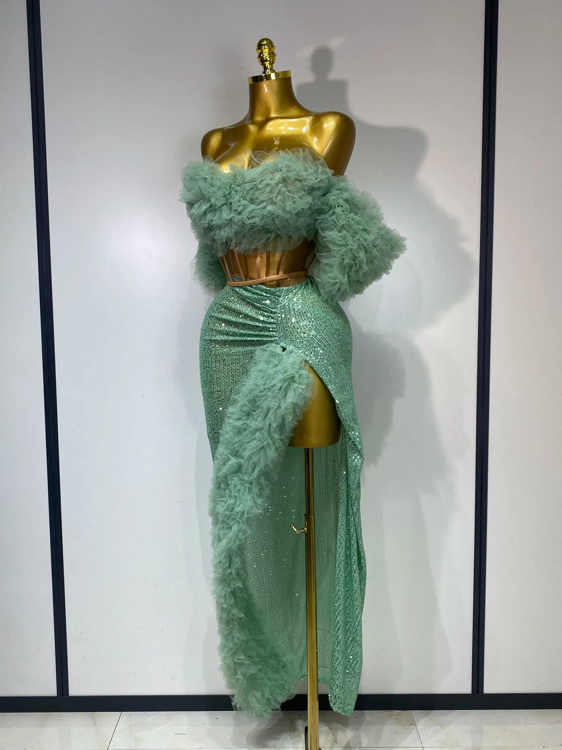 Women Sexy Sparkly Sequins Top Long Skirt Two Pieces Set Festival Celebrate Evening Party Luxury Birthday Nightclub Stage Outfit green