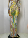 Sparkle Rhinestone High Neck Colorful Printed Long Dress Women Sexy Evening Birthday Celebrate Stage Performance Costume