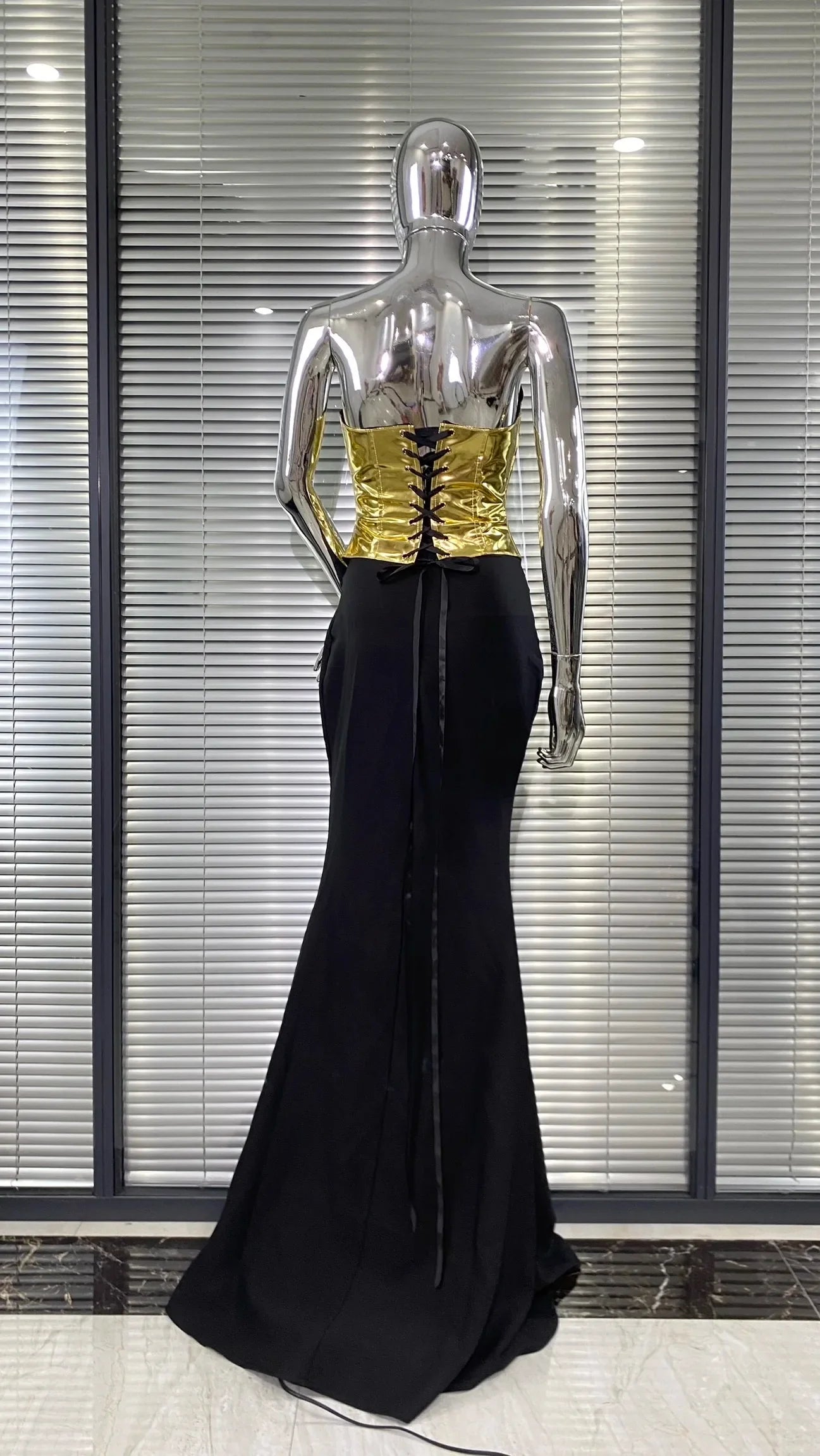 Fashion Glod PU Woman Set Strapless Tops And Package Hips Balck Skirt 2 Pieces Evening Party Outfit Performance costume